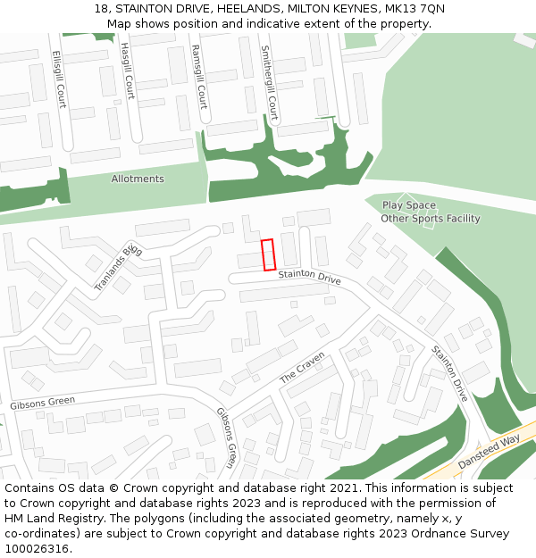 18, STAINTON DRIVE, HEELANDS, MILTON KEYNES, MK13 7QN: Location map and indicative extent of plot