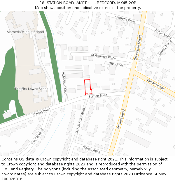 18, STATION ROAD, AMPTHILL, BEDFORD, MK45 2QP: Location map and indicative extent of plot