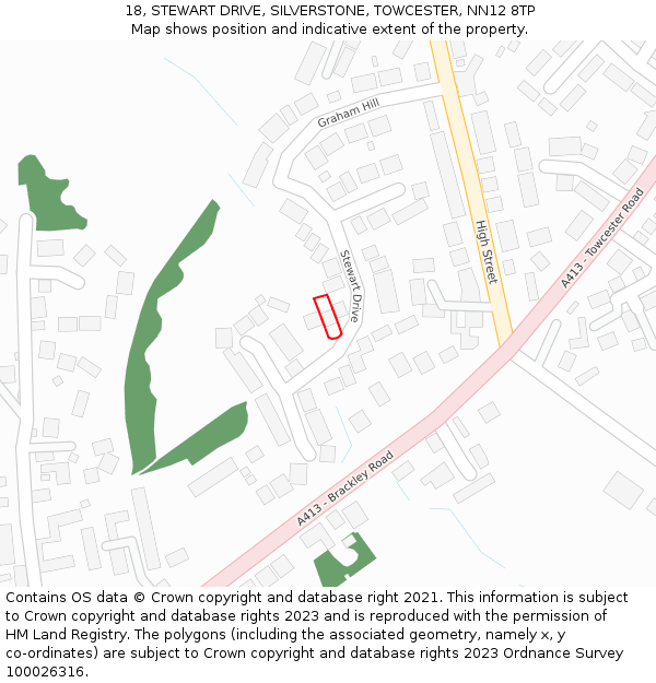 18, STEWART DRIVE, SILVERSTONE, TOWCESTER, NN12 8TP: Location map and indicative extent of plot