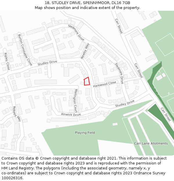 18, STUDLEY DRIVE, SPENNYMOOR, DL16 7GB: Location map and indicative extent of plot