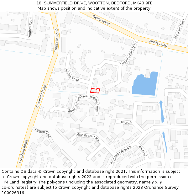 18, SUMMERFIELD DRIVE, WOOTTON, BEDFORD, MK43 9FE: Location map and indicative extent of plot