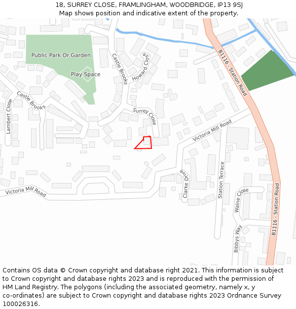 18, SURREY CLOSE, FRAMLINGHAM, WOODBRIDGE, IP13 9SJ: Location map and indicative extent of plot