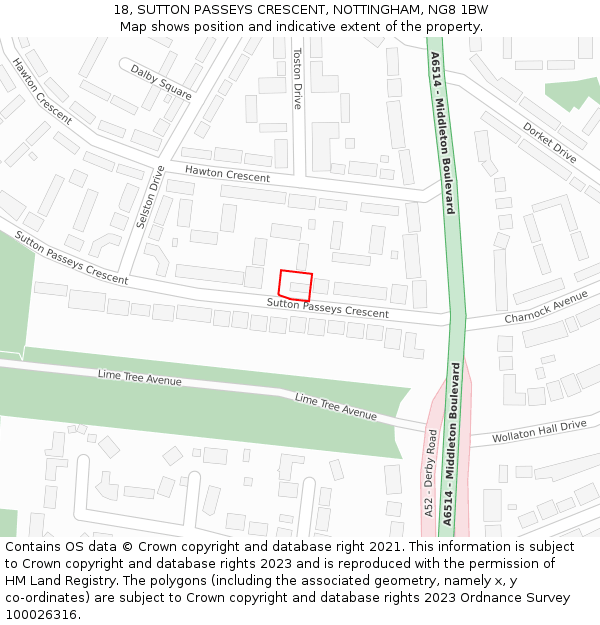 18, SUTTON PASSEYS CRESCENT, NOTTINGHAM, NG8 1BW: Location map and indicative extent of plot