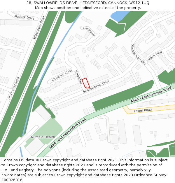 18, SWALLOWFIELDS DRIVE, HEDNESFORD, CANNOCK, WS12 1UQ: Location map and indicative extent of plot