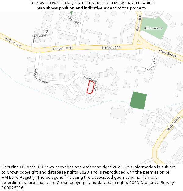 18, SWALLOWS DRIVE, STATHERN, MELTON MOWBRAY, LE14 4ED: Location map and indicative extent of plot