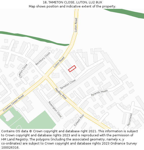 18, TAMETON CLOSE, LUTON, LU2 8UX: Location map and indicative extent of plot