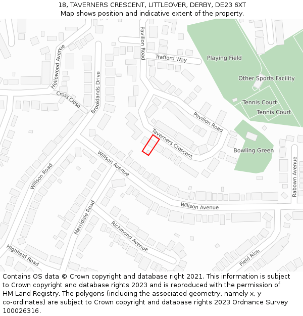 18, TAVERNERS CRESCENT, LITTLEOVER, DERBY, DE23 6XT: Location map and indicative extent of plot