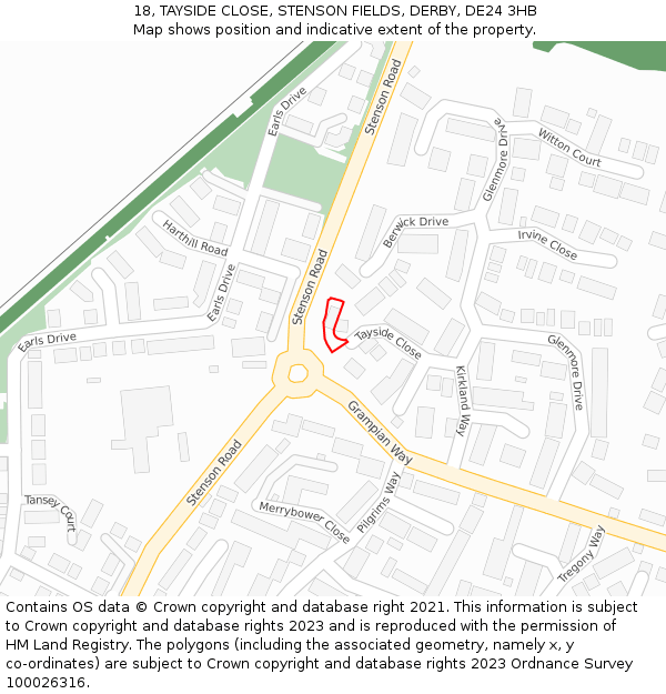 18, TAYSIDE CLOSE, STENSON FIELDS, DERBY, DE24 3HB: Location map and indicative extent of plot