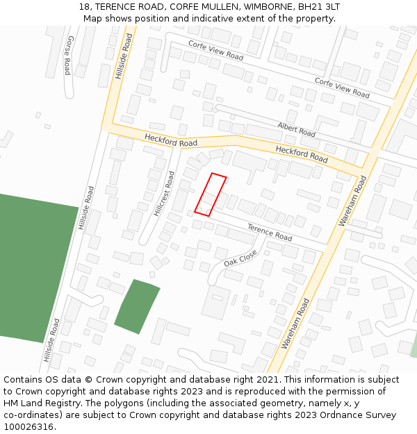 18, TERENCE ROAD, CORFE MULLEN, WIMBORNE, BH21 3LT: Location map and indicative extent of plot