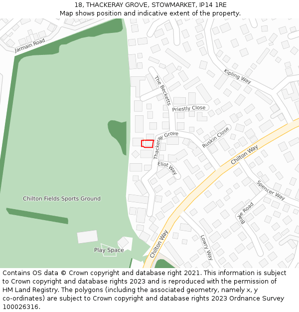 18, THACKERAY GROVE, STOWMARKET, IP14 1RE: Location map and indicative extent of plot
