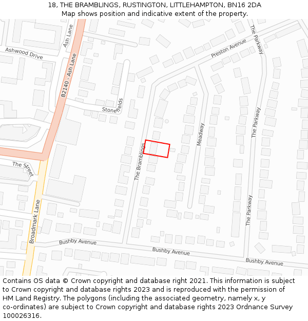 18, THE BRAMBLINGS, RUSTINGTON, LITTLEHAMPTON, BN16 2DA: Location map and indicative extent of plot