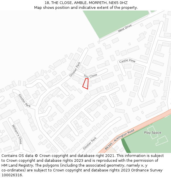 18, THE CLOSE, AMBLE, MORPETH, NE65 0HZ: Location map and indicative extent of plot