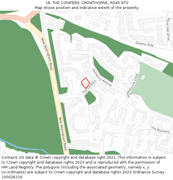 18, THE CONIFERS, CROWTHORNE, RG45 6TG: Location map and indicative extent of plot