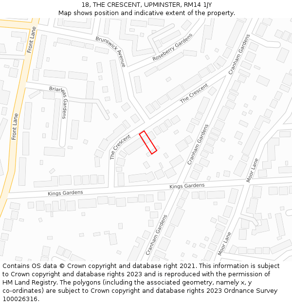 18, THE CRESCENT, UPMINSTER, RM14 1JY: Location map and indicative extent of plot