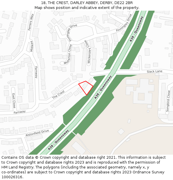 18, THE CREST, DARLEY ABBEY, DERBY, DE22 2BR: Location map and indicative extent of plot
