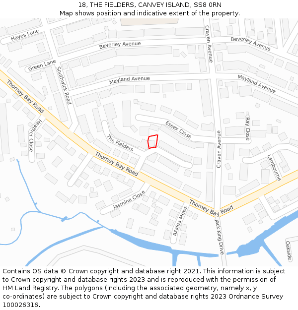 18, THE FIELDERS, CANVEY ISLAND, SS8 0RN: Location map and indicative extent of plot