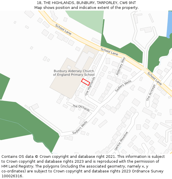 18, THE HIGHLANDS, BUNBURY, TARPORLEY, CW6 9NT: Location map and indicative extent of plot