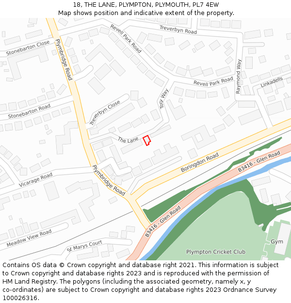 18, THE LANE, PLYMPTON, PLYMOUTH, PL7 4EW: Location map and indicative extent of plot
