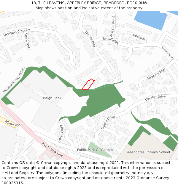 18, THE LEAVENS, APPERLEY BRIDGE, BRADFORD, BD10 0UW: Location map and indicative extent of plot