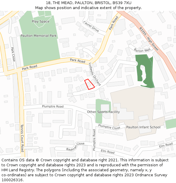 18, THE MEAD, PAULTON, BRISTOL, BS39 7XU: Location map and indicative extent of plot