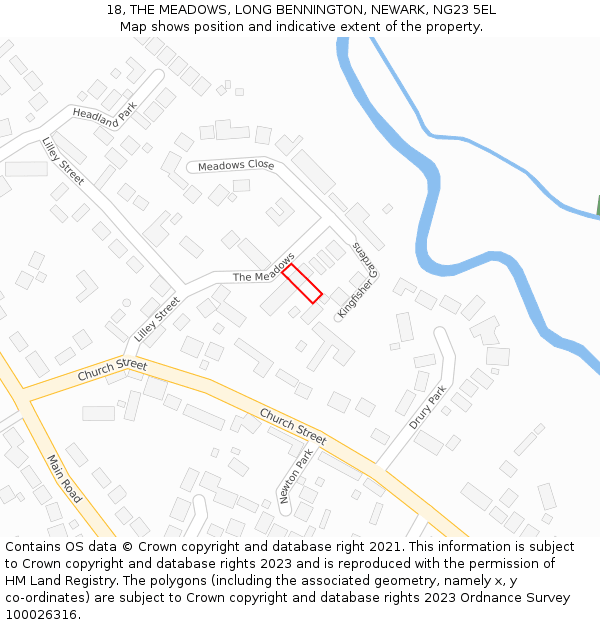 18, THE MEADOWS, LONG BENNINGTON, NEWARK, NG23 5EL: Location map and indicative extent of plot