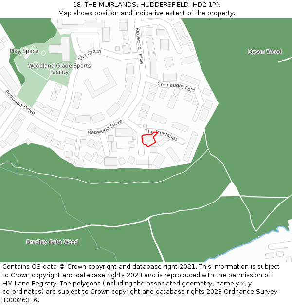 18, THE MUIRLANDS, HUDDERSFIELD, HD2 1PN: Location map and indicative extent of plot