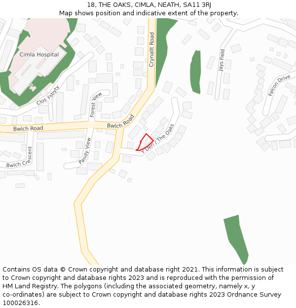 18, THE OAKS, CIMLA, NEATH, SA11 3RJ: Location map and indicative extent of plot
