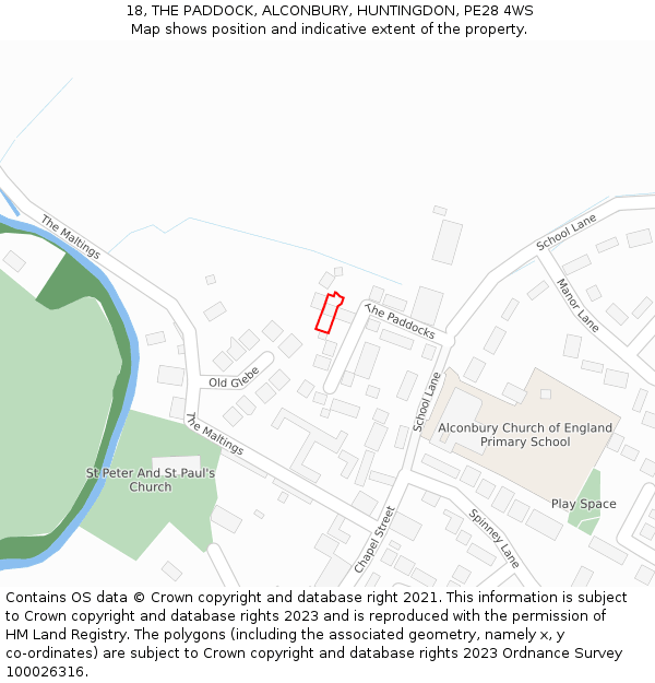 18, THE PADDOCK, ALCONBURY, HUNTINGDON, PE28 4WS: Location map and indicative extent of plot