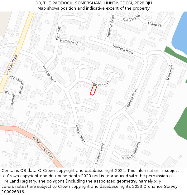 18, THE PADDOCK, SOMERSHAM, HUNTINGDON, PE28 3JU: Location map and indicative extent of plot