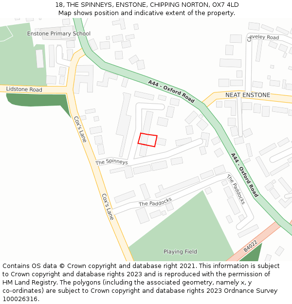 18, THE SPINNEYS, ENSTONE, CHIPPING NORTON, OX7 4LD: Location map and indicative extent of plot