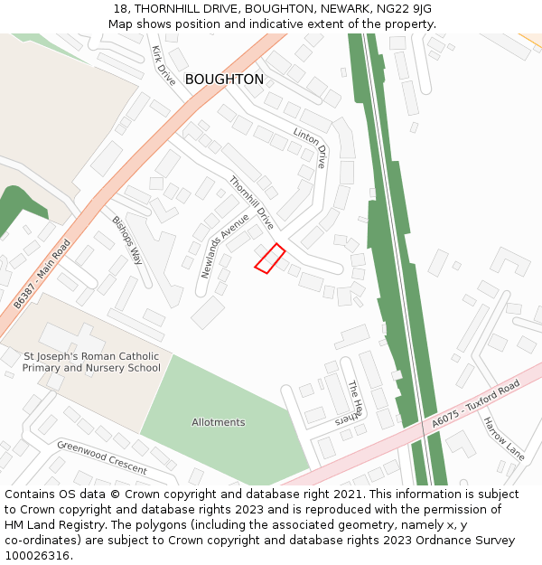 18, THORNHILL DRIVE, BOUGHTON, NEWARK, NG22 9JG: Location map and indicative extent of plot