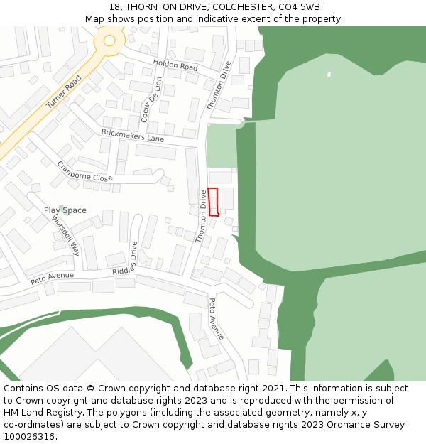 18, THORNTON DRIVE, COLCHESTER, CO4 5WB: Location map and indicative extent of plot