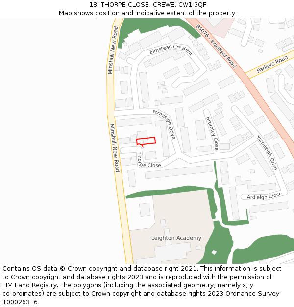 18, THORPE CLOSE, CREWE, CW1 3QF: Location map and indicative extent of plot