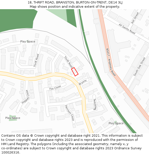 18, THRIFT ROAD, BRANSTON, BURTON-ON-TRENT, DE14 3LJ: Location map and indicative extent of plot