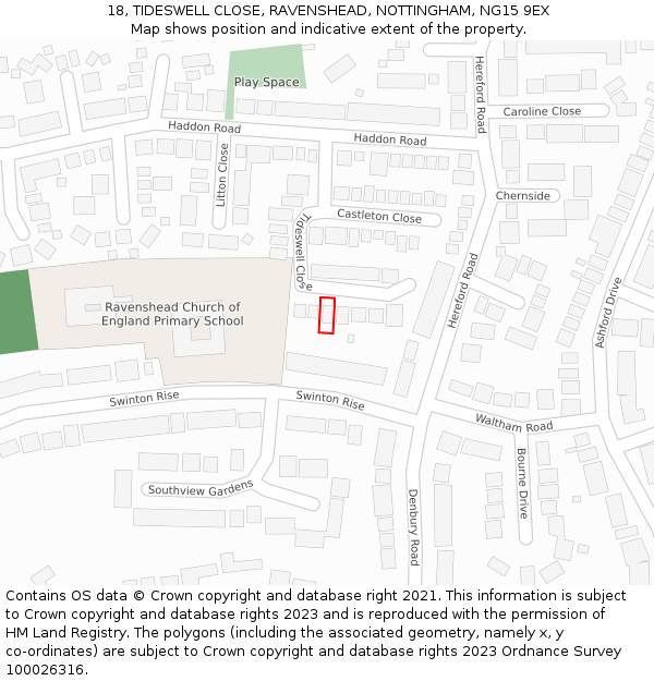 18, TIDESWELL CLOSE, RAVENSHEAD, NOTTINGHAM, NG15 9EX: Location map and indicative extent of plot