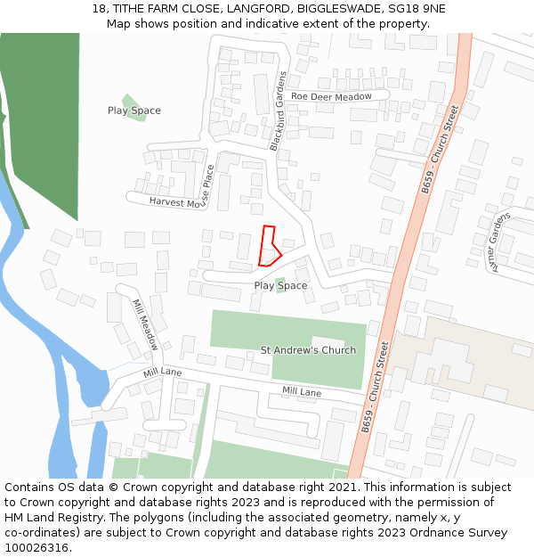 18, TITHE FARM CLOSE, LANGFORD, BIGGLESWADE, SG18 9NE: Location map and indicative extent of plot
