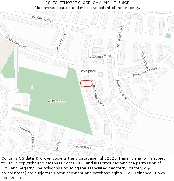 18, TOLETHORPE CLOSE, OAKHAM, LE15 6GF: Location map and indicative extent of plot