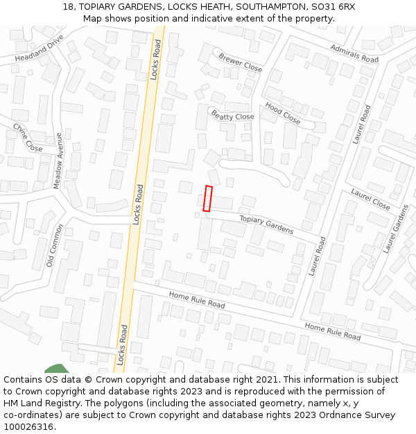 18, TOPIARY GARDENS, LOCKS HEATH, SOUTHAMPTON, SO31 6RX: Location map and indicative extent of plot