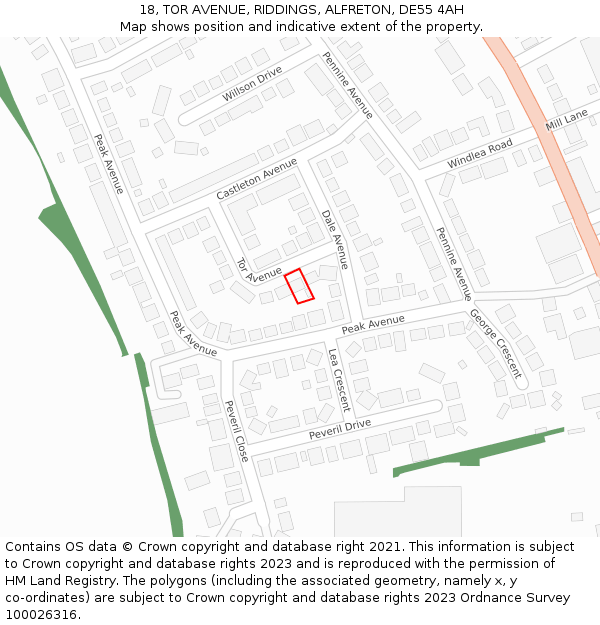 18, TOR AVENUE, RIDDINGS, ALFRETON, DE55 4AH: Location map and indicative extent of plot