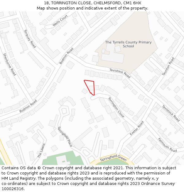 18, TORRINGTON CLOSE, CHELMSFORD, CM1 6HX: Location map and indicative extent of plot