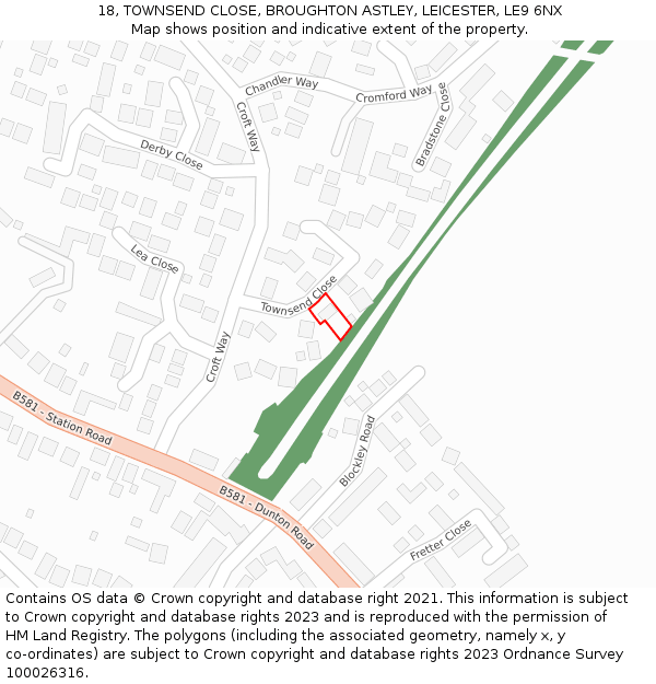 18, TOWNSEND CLOSE, BROUGHTON ASTLEY, LEICESTER, LE9 6NX: Location map and indicative extent of plot