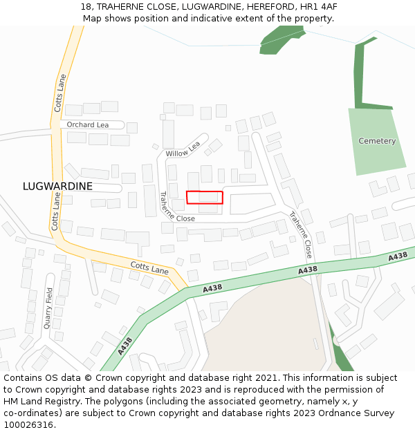 18, TRAHERNE CLOSE, LUGWARDINE, HEREFORD, HR1 4AF: Location map and indicative extent of plot