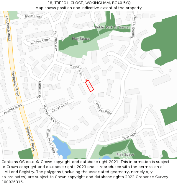 18, TREFOIL CLOSE, WOKINGHAM, RG40 5YQ: Location map and indicative extent of plot