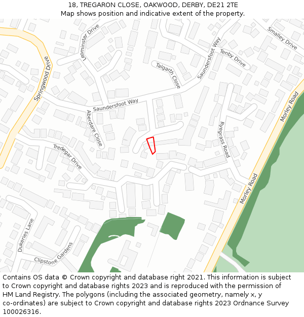 18, TREGARON CLOSE, OAKWOOD, DERBY, DE21 2TE: Location map and indicative extent of plot