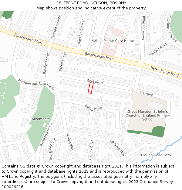 18, TRENT ROAD, NELSON, BB9 0NY: Location map and indicative extent of plot