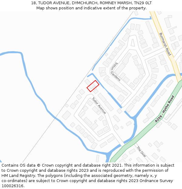 18, TUDOR AVENUE, DYMCHURCH, ROMNEY MARSH, TN29 0LT: Location map and indicative extent of plot