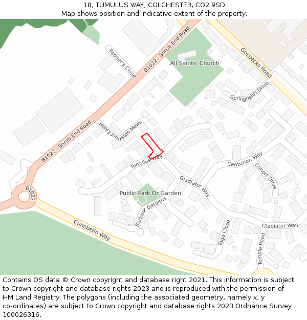 18, TUMULUS WAY, COLCHESTER, CO2 9SD: Location map and indicative extent of plot