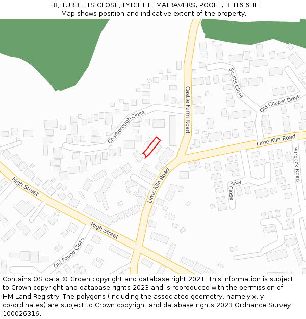 18, TURBETTS CLOSE, LYTCHETT MATRAVERS, POOLE, BH16 6HF: Location map and indicative extent of plot