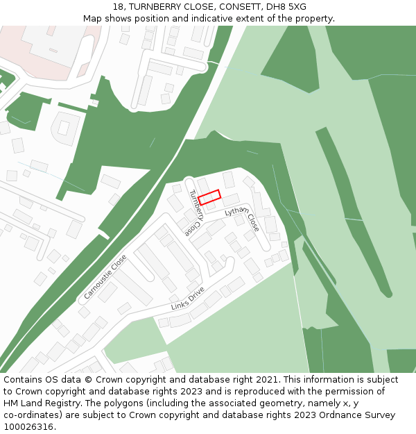 18, TURNBERRY CLOSE, CONSETT, DH8 5XG: Location map and indicative extent of plot