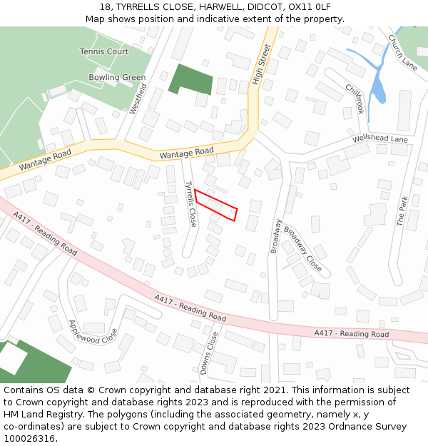 18, TYRRELLS CLOSE, HARWELL, DIDCOT, OX11 0LF: Location map and indicative extent of plot